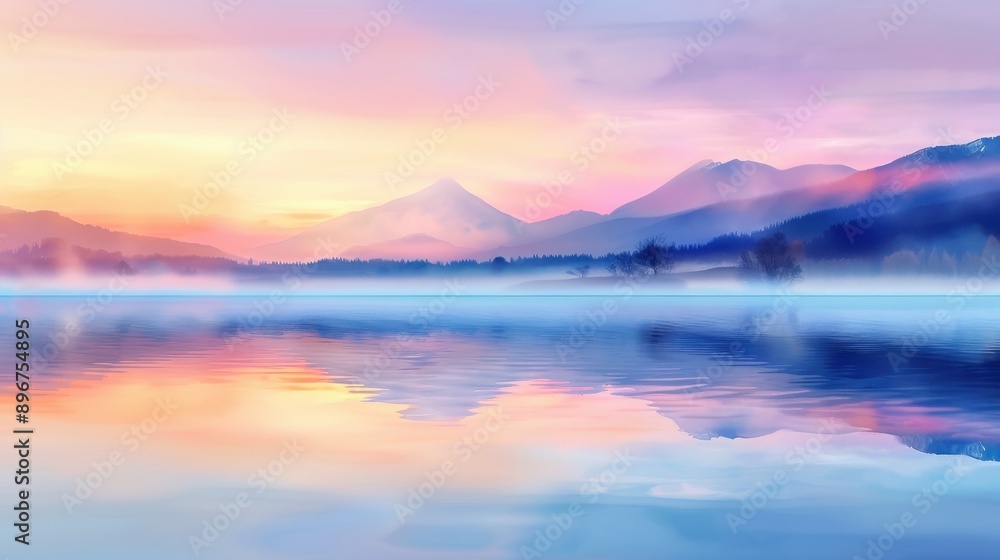 Fototapeta premium Serene sunrise over misty mountain lake with vibrant colors reflecting in the water. Perfect for nature lovers and tranquil environments.