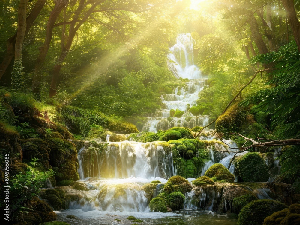 Majestic forest waterfall with mosscovered rocks, dappled sunlight filtering through trees, serene and lush natural scene Majestic forest waterfall with mosscovered rocks, dappled sunlight filtering through trees, serene and lush natural scene