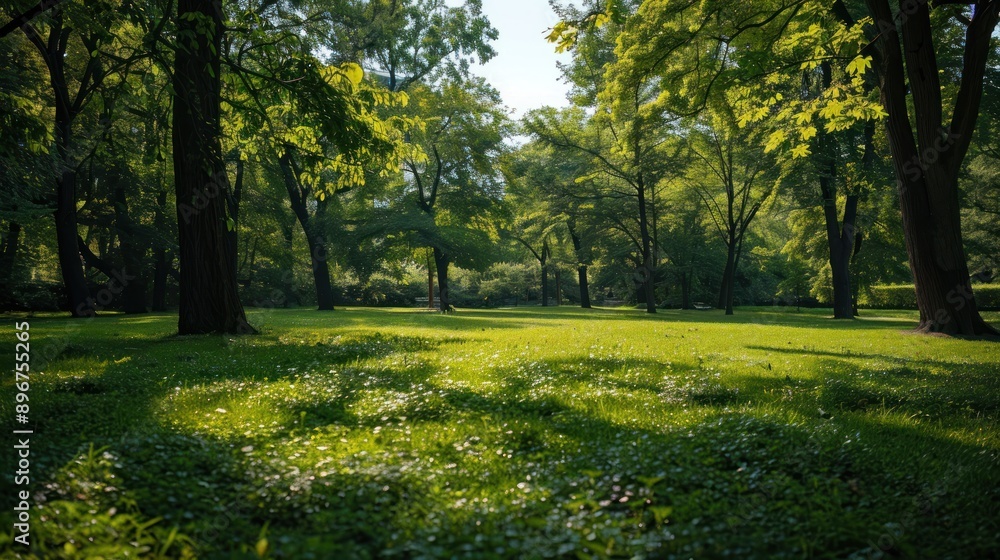 Naklejka premium Sunlight Filtering Through Trees in a Tranquil Forest