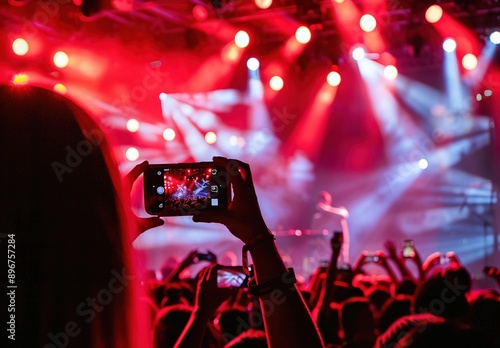 A person capturing concert moments with a phone amidst a vibrant crowd, illuminated by stage lights creating an atmosphere of excitement and energy. Enthusiastic audience holding up phones to record