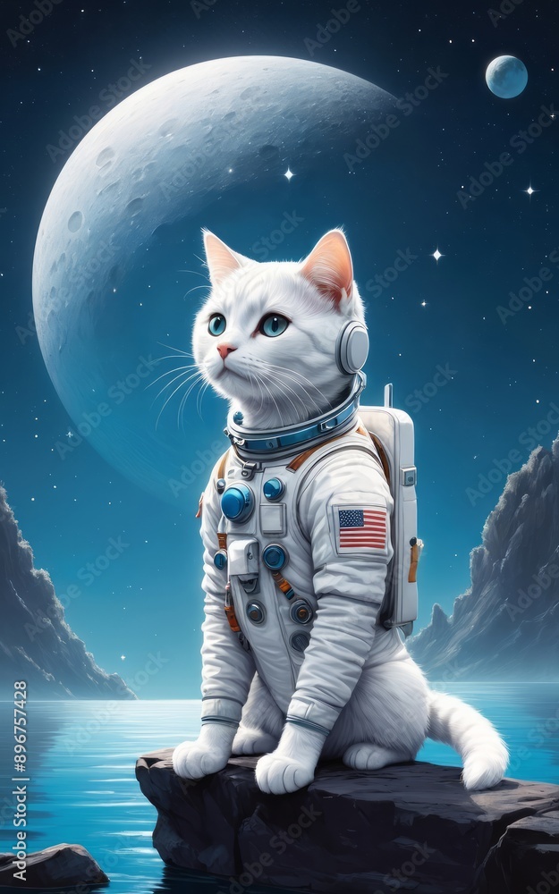 Fototapeta Cat astronaut stranded in the alien planet