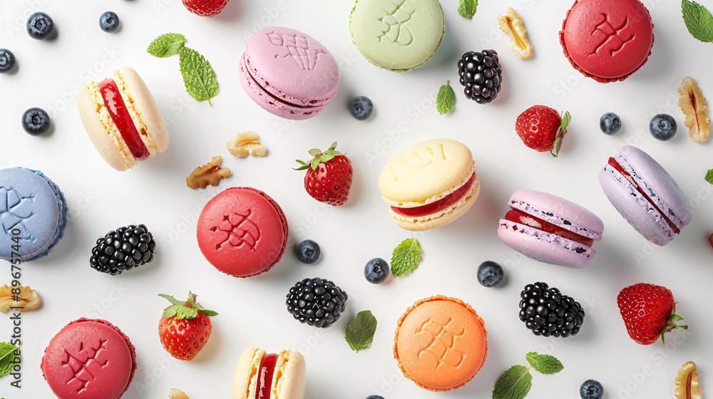 Flat lay of minimalist dessert items like macarons and berries, shown in clear and detailed 3D drawing techniques Flat lay of minimalist dessert items like macarons and berries, shown in clear and detailed 3D drawing techniques