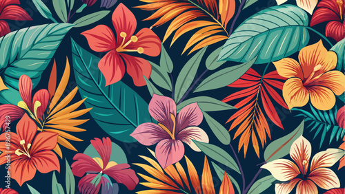 tropical flower and leaf seamless pattern.  flower and leaf background
