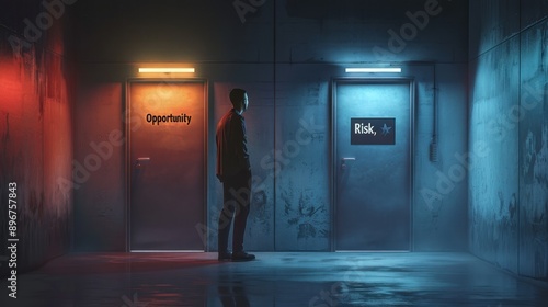 a person standing before two doors, one labeled "Opportunity" and the other labeled "Risk," thoughtful expression