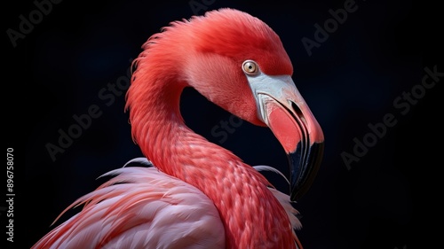 Portrait of a beautiful flamingo on a black background. © SaiMaiJuthamas