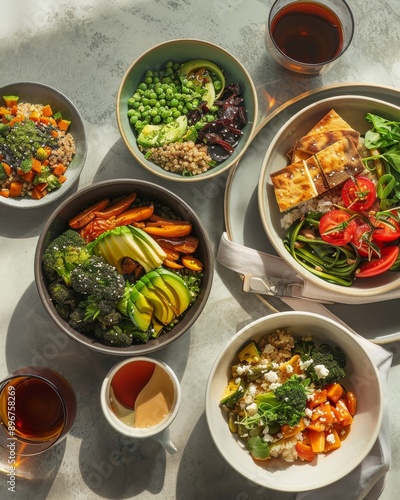 A serene lunch nook with vegan dishes. featuring grain bowls, roasted vegetables, and herbal tea. promoting a balanced and relaxing meal. Ideal for health articles