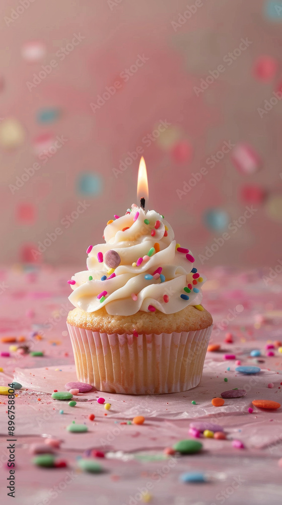 Birthday cupcake with sprinkles and lit candle on pink background Birthday cupcake with sprinkles and lit candle on pink background