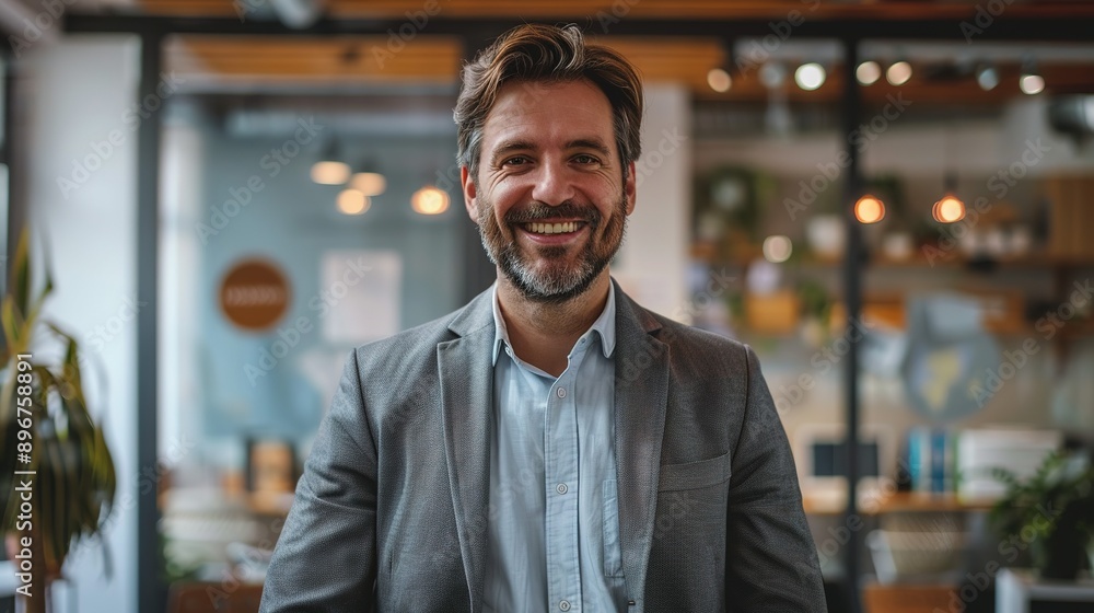Obraz premium Smiling Man in a Grey Suit and Blue Shirt in an Office