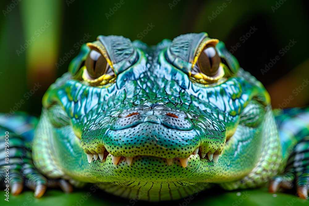 Detailed view of a green alligator featuring yellow eyes. Detailed view of a green alligator featuring yellow eyes.