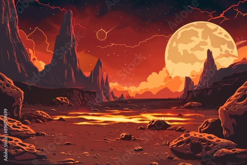 Alien planet landscape with giant moon, mountains, and lava river photo