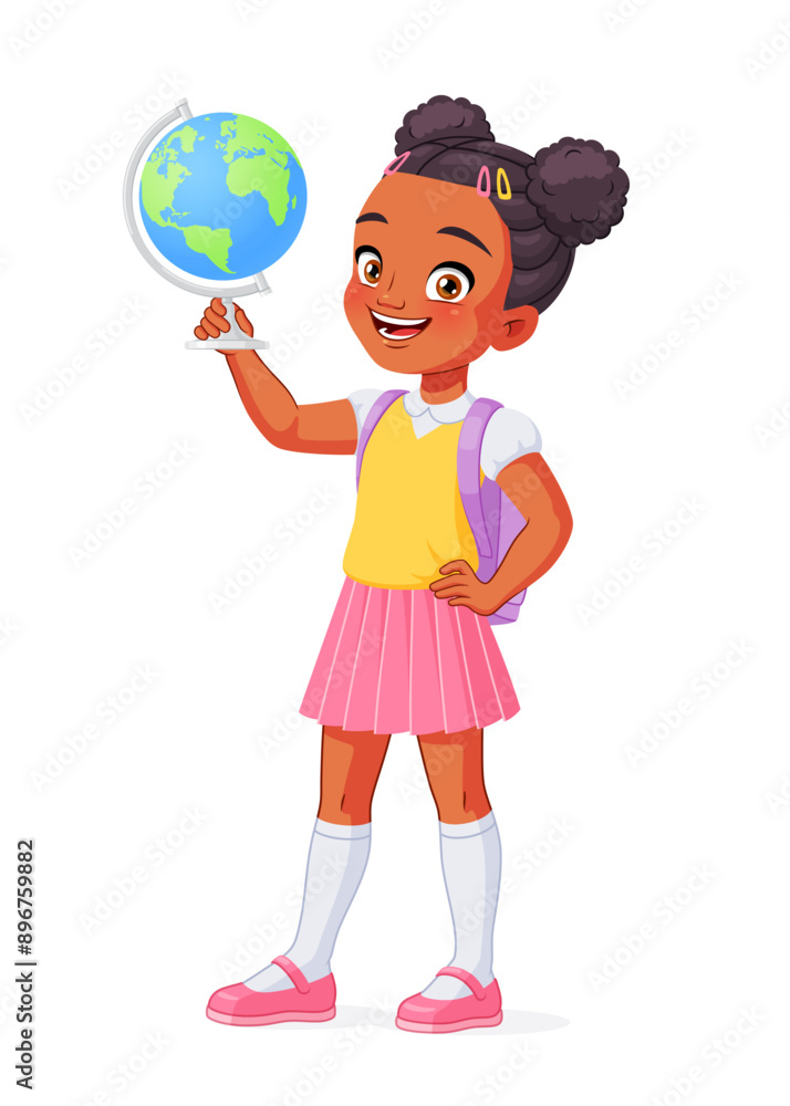 Smiling African American school girl holding a globe. Cartoon vector isolated illustration. Smiling African American school girl holding a globe. Cartoon vector isolated illustration.