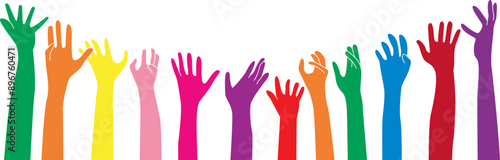 Raised up icon for Multiethnic Diverse Hands , colorful..