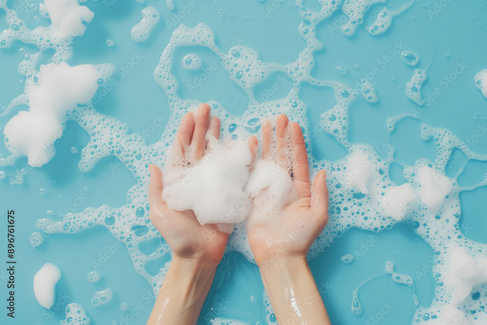 Close-up photo of a pair of hands covered in rich, soapy foam, displaying a variety of textures and shades of white, set against a calm, light blue background. Close-up photo of a pair of hands covered in rich, soapy foam, displaying a variety of textures and shades of white, set against a calm, light blue background.