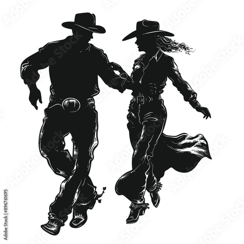 Silhouette of a cowboy and cowgirl square dancing.
