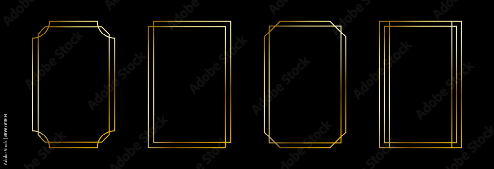 Thin golden frame set. Gold geometric border collection in art deco style. Thin linear shining rectangular shape bundle. Brass glowing shiny boarder element pack for photo, cadre, poster, card. Vector