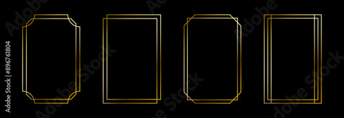 Thin golden frame set. Gold geometric border collection in art deco style. Thin linear shining rectangular shape bundle. Brass glowing shiny boarder element pack for photo, cadre, poster, card. Vector