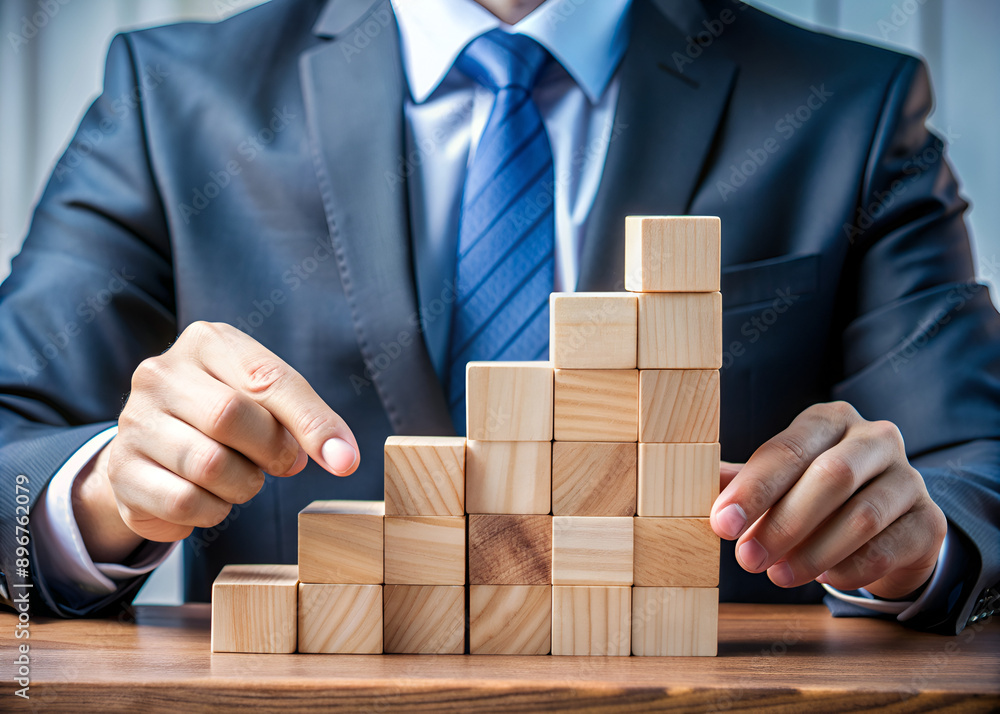 Business growth, goal achievement, step-by-step process, teamwork, collaboration.Studio-like setting with a wooden table and a plain blue background Business photo of hands stacking wooden blocks Business growth, goal achievement, step-by-step process, teamwork, collaboration.Studio-like setting with a wooden table and a plain blue background Business photo of hands stacking wooden blocks