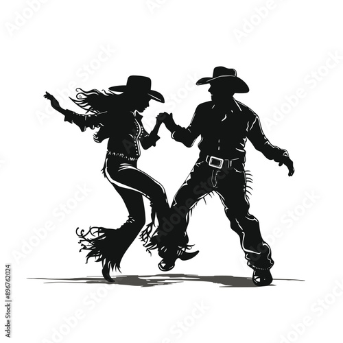 Silhouette of a couple line dancing in cowboy hats.