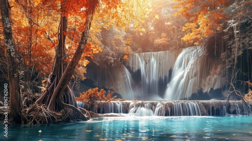 Serene Waterfall in Autumn Forest