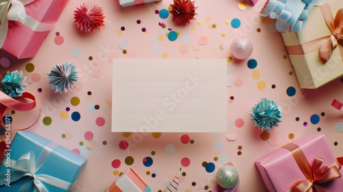 Colorful flat lay of festive wrapped gifts, ribbons, and a blank card on a pink background. Perfect for celebrations and special occasions