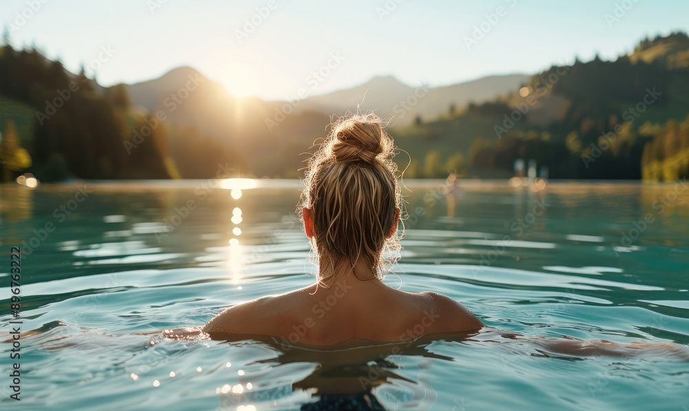 Woman Enjoying a Refreshing Dip in a Lake on a Hot Summer Day Woman Enjoying a Refreshing Dip in a Lake on a Hot Summer Day