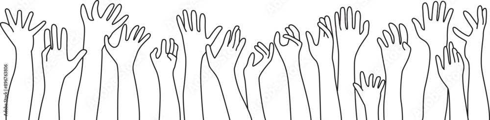 Raised up icon for Multiethnic Diverse Hands , line art hand drawing. Raised up icon for Multiethnic Diverse Hands , line art hand drawing.