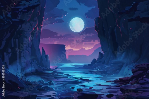 Mystical moonlit river gorge landscape with vibrant colors