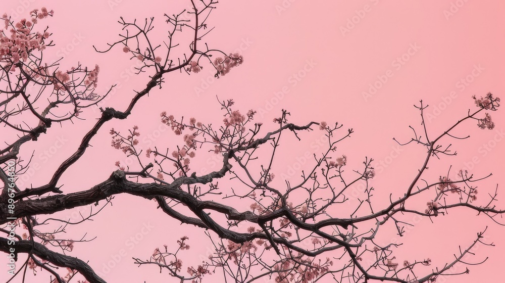 Tree branches against a pink backdrop Tree branches against a pink backdrop