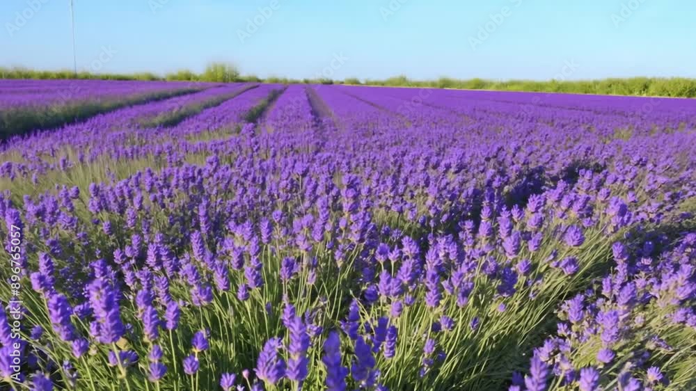 A field of lavender flowers swaying gently in the breeze under a clear blue sky. The camera moves slowly to follow the motion, capturing the vibrant purple hues and the serene atmosphere, Slow panning A field of lavender flowers swaying gently in the breeze under a clear blue sky. The camera moves slowly to follow the motion, capturing the vibrant purple hues and the serene atmosphere, Slow panning