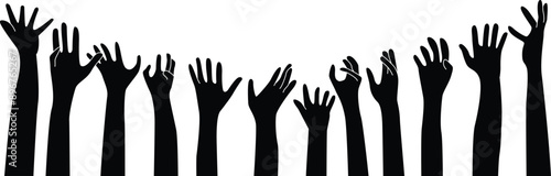 Raised up icon for Multiethnic Diverse Hands  , Black and white..