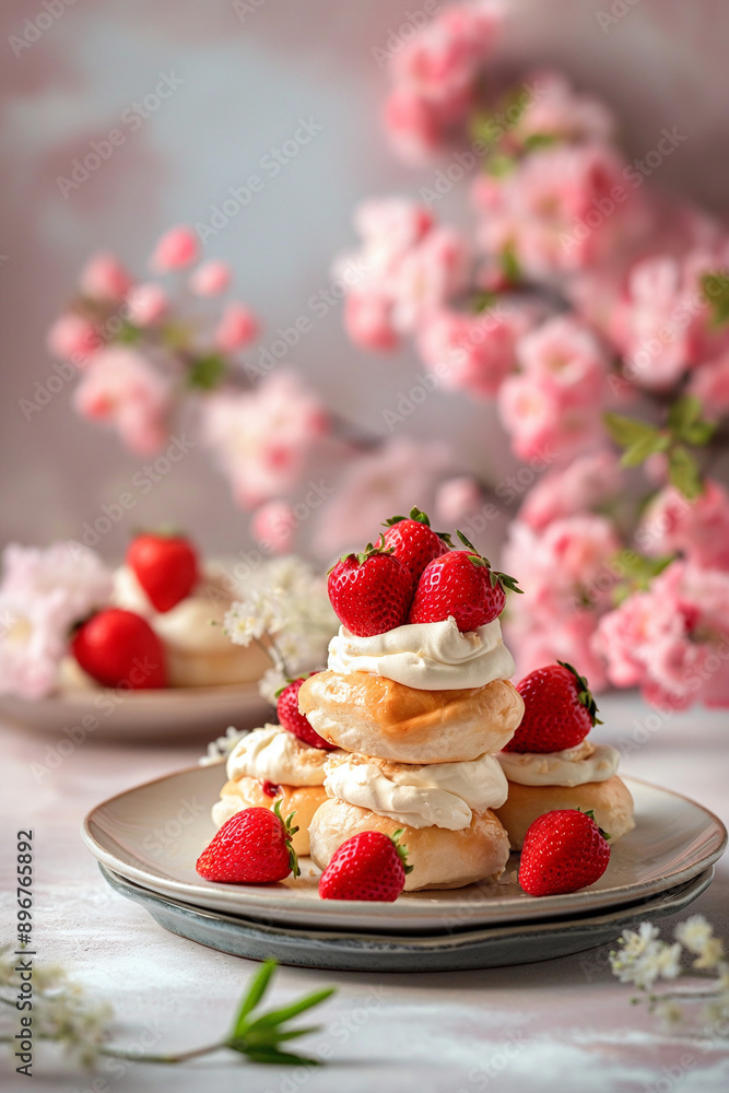 white plate with cream puffs, strawberry jam and ice-cream on top, strawberries around, pink tablecloth, light background white plate with cream puffs, strawberry jam and ice-cream on top, strawberries around, pink tablecloth, light background