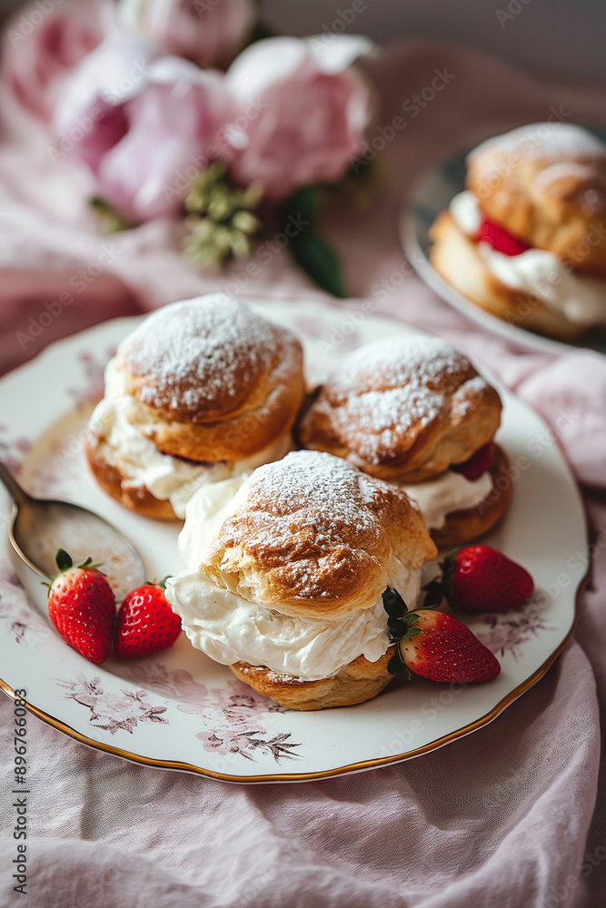 white plate with cream puffs, strawberry jam and ice-cream on top, strawberries around, pink tablecloth, light background white plate with cream puffs, strawberry jam and ice-cream on top, strawberries around, pink tablecloth, light background