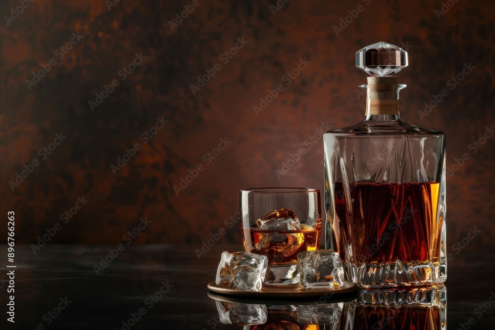 Elegant whiskey bottle and glass with ice cubes on dark background in stylish setting Elegant whiskey bottle and glass with ice cubes on dark background in stylish setting