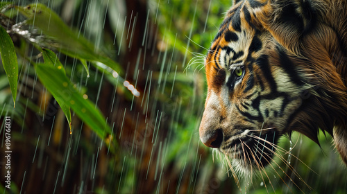 Fototapeta Naklejka Na Ścianę i Meble -  Majestic tiger observing surrounding jungle in the rain