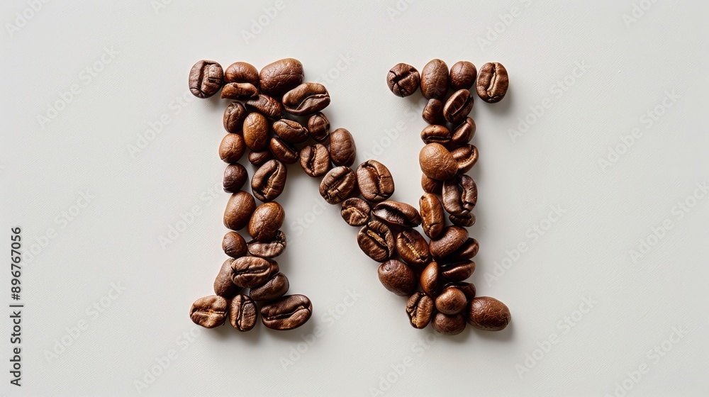 Top view of alphabet N created with roasted coffee beans on white surface for message decoration Top view of alphabet N created with roasted coffee beans on white surface for message decoration