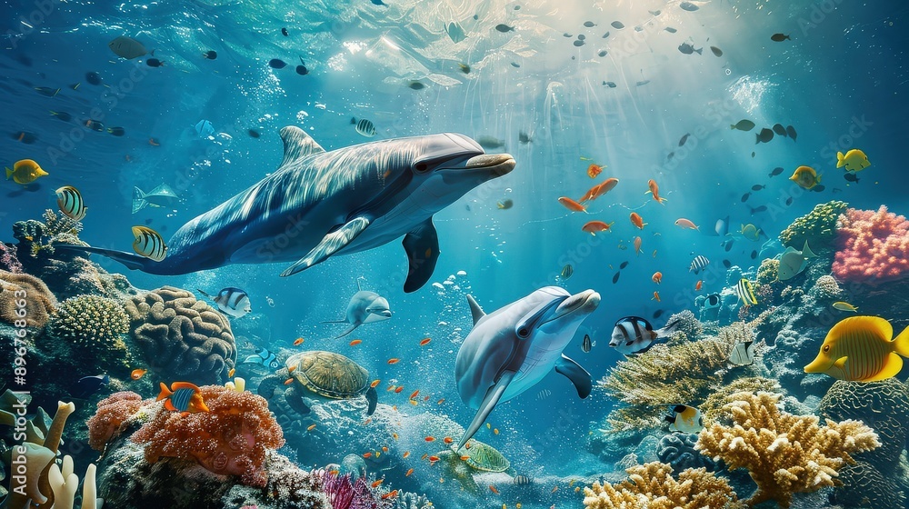 Fototapeta premium Dolphins Exploring Colorful Coral Reef