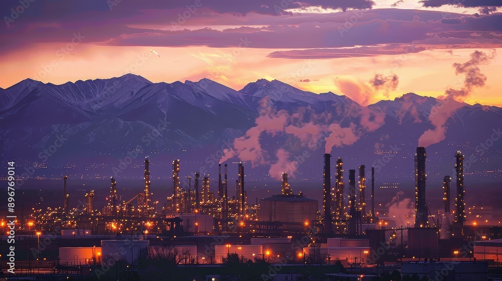 Naklejka premium Industrial Refinery at Sunrise with Smoky Towers