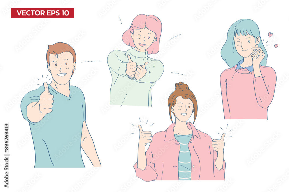Cheerful people with thumbs up in happy emotional, soft color flat vector illustration set. Cheerful people with thumbs up in happy emotional, soft color flat vector illustration set.