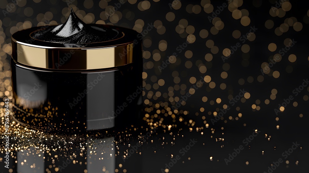 Black Jar with Golden Lid and Swirls of Cream on a Black Background with Gold Glitter Black Jar with Golden Lid and Swirls of Cream on a Black Background with Gold Glitter