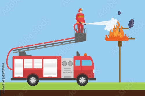 Firefighters with firefighting equipment concept. Colored flat vector illustration isolated.