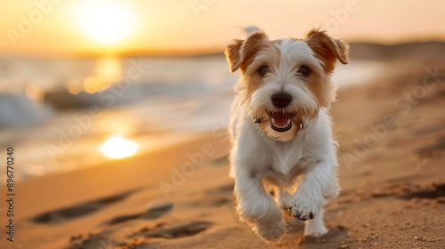 Orange sunset White dog breed Parson Russell Terrier runs along the beach near the water. 