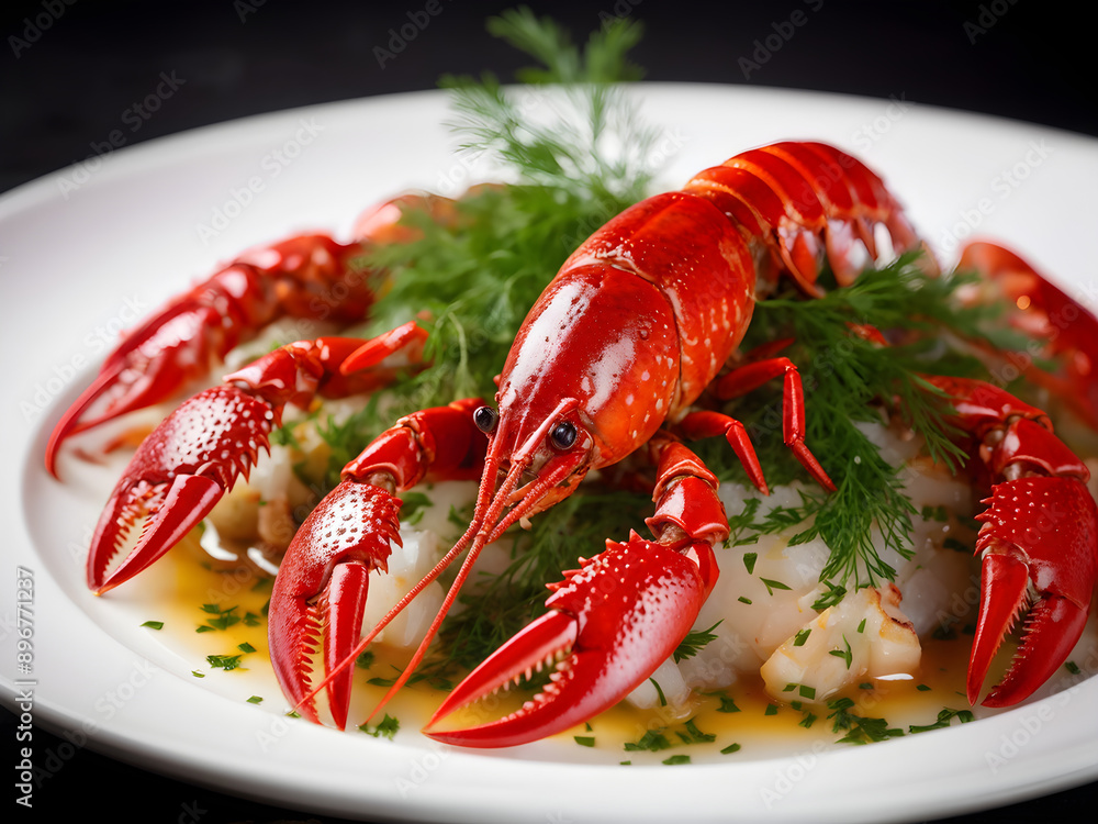 Boiled red crayfish or crawfish with dill herbs on white background. Close up. Crayfish party, restaurant, cafe, pub menu Boiled red crayfish or crawfish with dill herbs on white background. Close up. Crayfish party, restaurant, cafe, pub menu