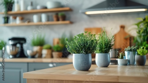 modern kitchen with aromatic green plants, herbs in stylish pots, bright countertops, contemporary appliances, elegant design, fresh atmosphere, blending nature and technology seamlessly.