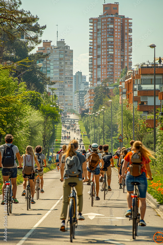 Obraz premium Urban Mobility Harmony: Cyclists and Walkers Sharing the Road for Sustainable Living