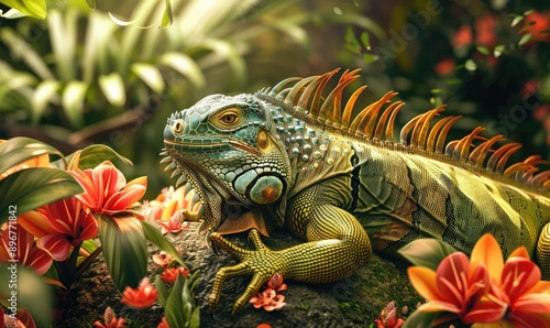 A green iguana lizard with orange spines resting on a rock surrounded by red flowers. photo