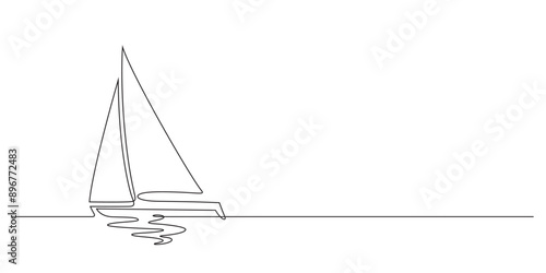sailing boat and sea waves reflection horizontal line art
