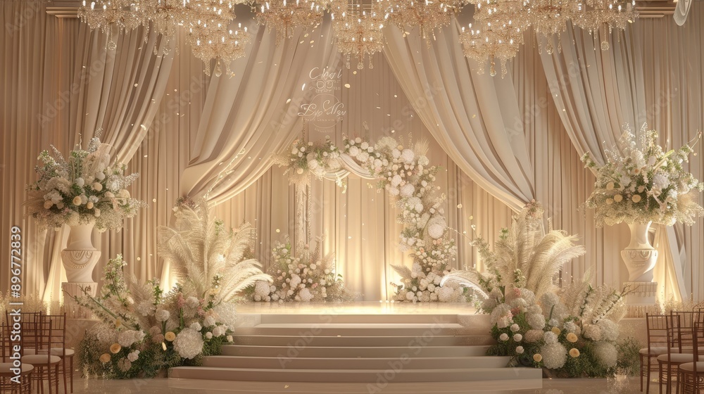 Elegant 3D podium adorned with lush floral arrangements and cascading white drapes, set against a backdrop of a luxurious wedding venue with crystal chandeliers Elegant 3D podium adorned with lush floral arrangements and cascading white drapes, set against a backdrop of a luxurious wedding venue with crystal chandeliers