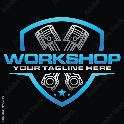 Automotive piston workshop logo design, car service engine tune up icon vector template