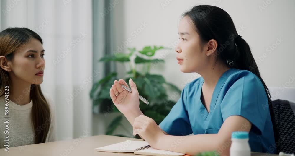 Handheld dolly shot, Asian doctor explains health problem of young female patient in clinic office, Health and medicine consultant, conversation about healthcare Handheld dolly shot, Asian doctor explains health problem of young female patient in clinic office, Health and medicine consultant, conversation about healthcare