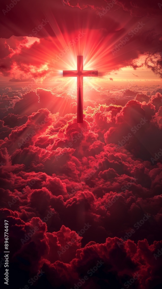 Fototapeta premium Cross glowing in dramatic red sunset sky with clouds, religious concept
